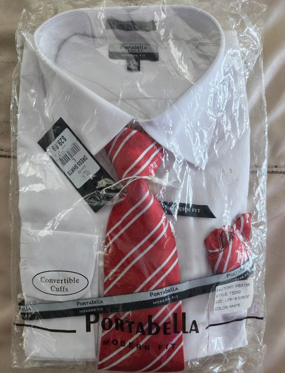 White Mens Dress shirt size L with neck tie and pocket square NWT